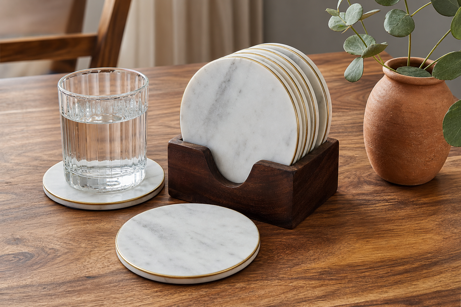 Marble Coaster Set of 6 with Wooden Holder