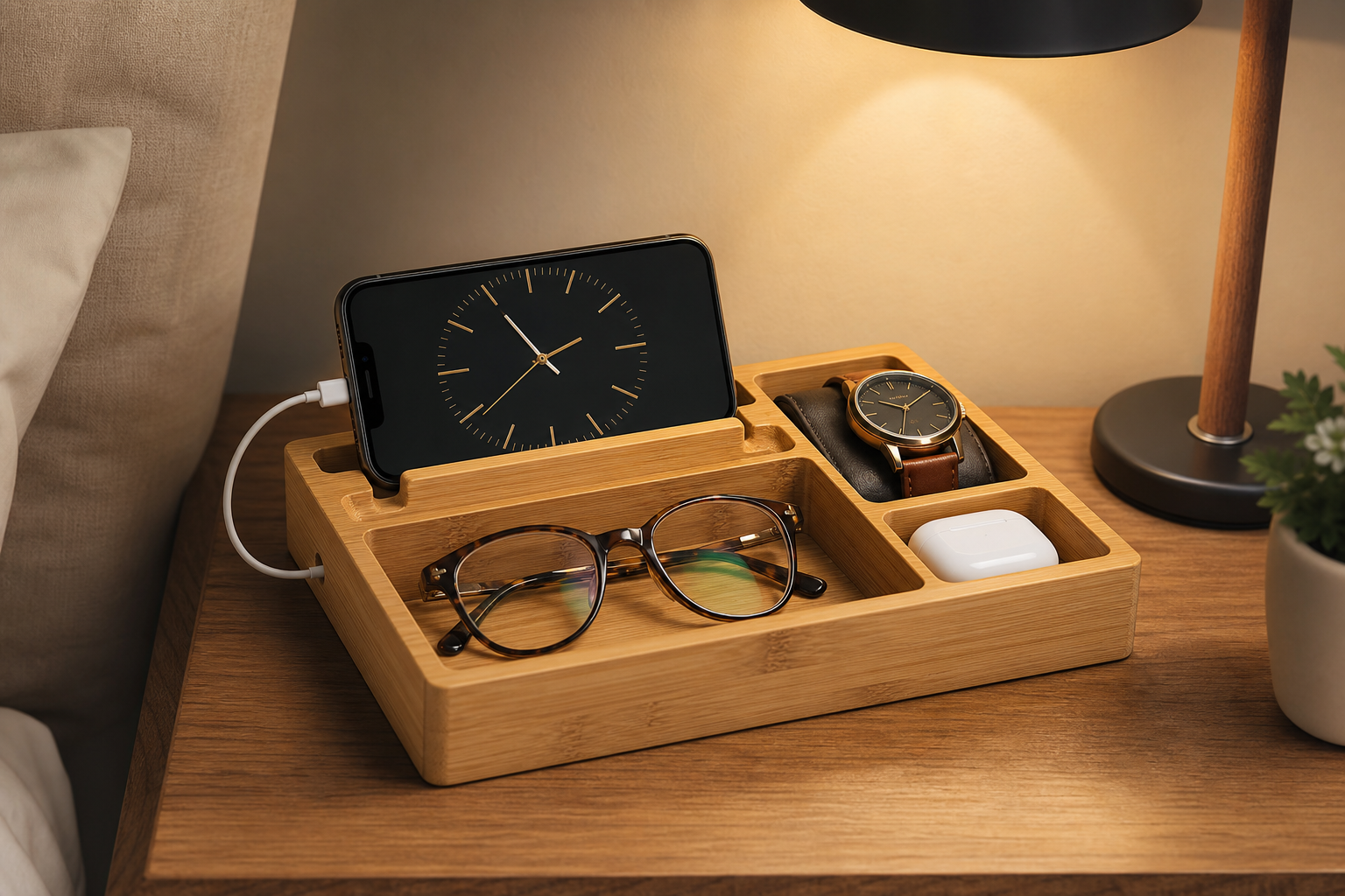 Bamboo Bedside Charging Tray + Phone Stand