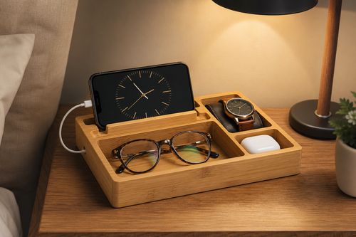 Bamboo Bedside Charging Tray + Phone Stand